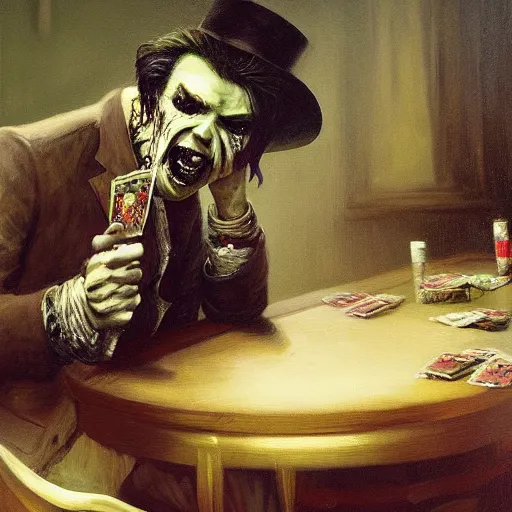 Image similar to UHD tonalism painting of Zombie Elvis playing poker, by Antonio Caparo and Ferdinand Knab and Greg Rutkowski, UHD, photorealistic, trending on artstation, trending on deviantart