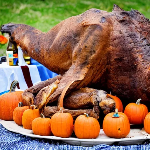 Image similar to wide shot of a whole roast camel served on a giant plate in front of a group of people in Halloween costumes at a picnic. The picnic is a Halloween party.