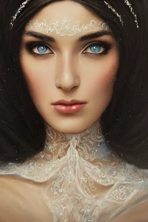 Prompt: ameera al taweel, bright blue eyes, long wavy black hair, white veil, front closeup, cinnamon #b57e59 skin color, elegant, highly detailed, centered, oil painting, artstation, concept art by tom bagshaw