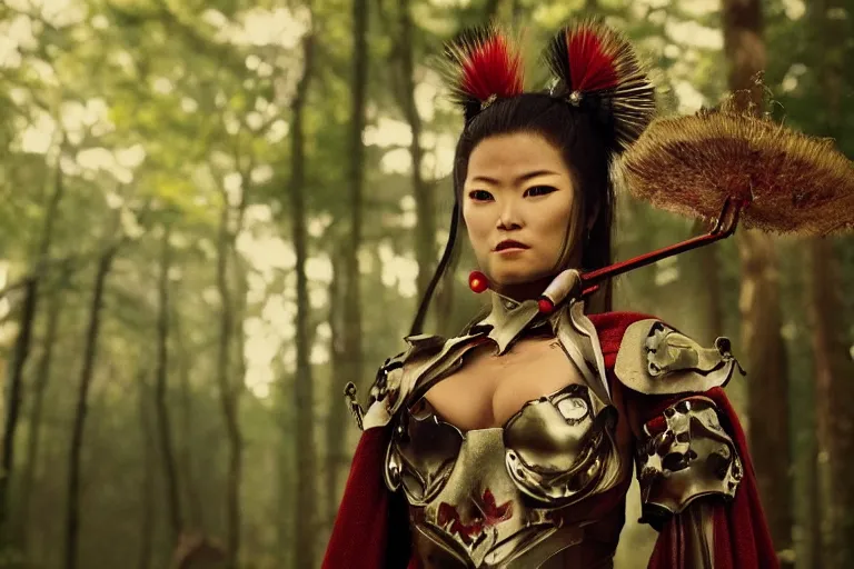 Image similar to vfx movie scene closeup nomad cyborg warrior viking geisha in a smoldering forest. by emmanuel lubezki