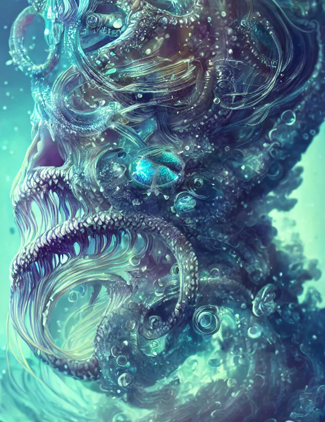 Prompt: goddess macro close - up portrait wigh crown made of ram skull. betta fish, jellyfish phoenix, bioluminiscent, plasma, ice, water, wind, creature, super intricate ornaments artwork by tooth wu and wlop and beeple and greg rutkowski