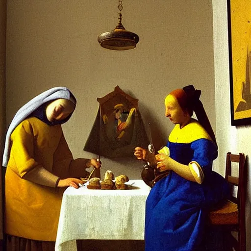 Image similar to 3 mary's, painting by vermeer