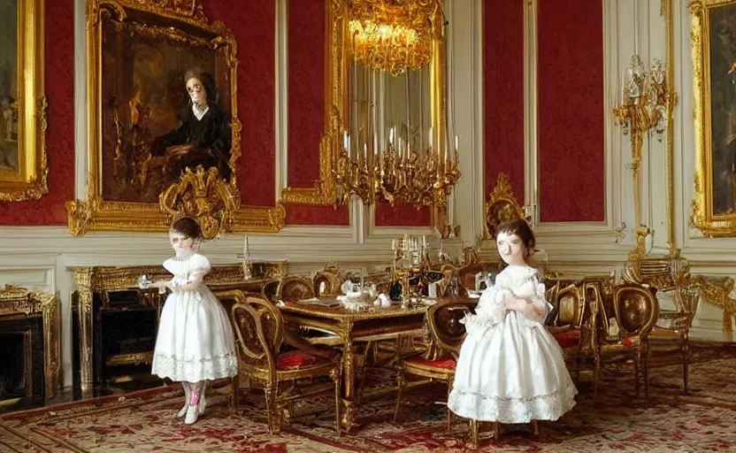 Image similar to Young victorian princess drinking tea on the royal palace dining room. By Konstantin Razumov, highly detailded