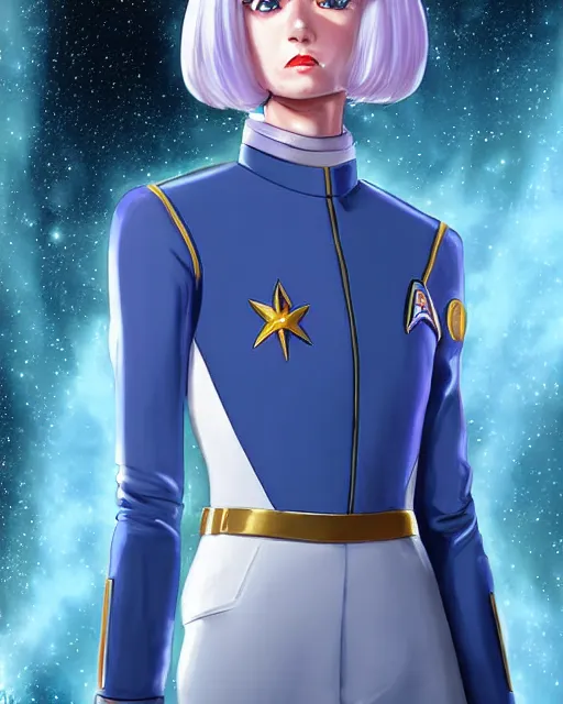 Image similar to Portrait of Rei Ayanami, as a Starfleet officer, Starfleet uniform, stars, nebula, sparkling, bokeh, 50mm, highly detailed by Paul Lehr