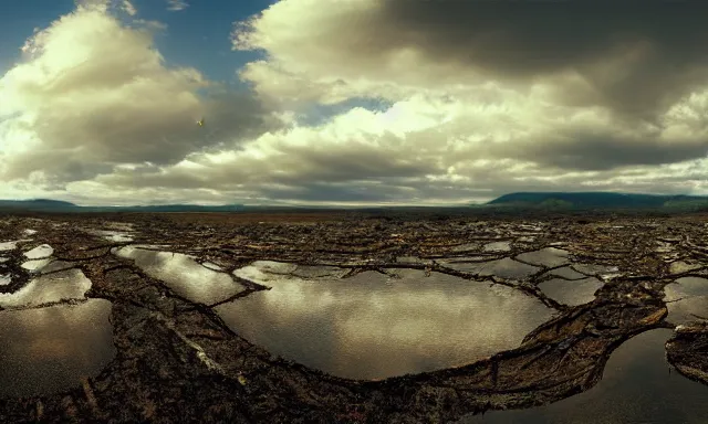 Prompt: panorama of big raindrops floating above a dried up river in a desolate land, dead trees, blue sky, hot and sunny highly-detailed, elegant, dramatic lighting, artstation, 4k, cinematic landscape, photograph by Elisabeth Gadd