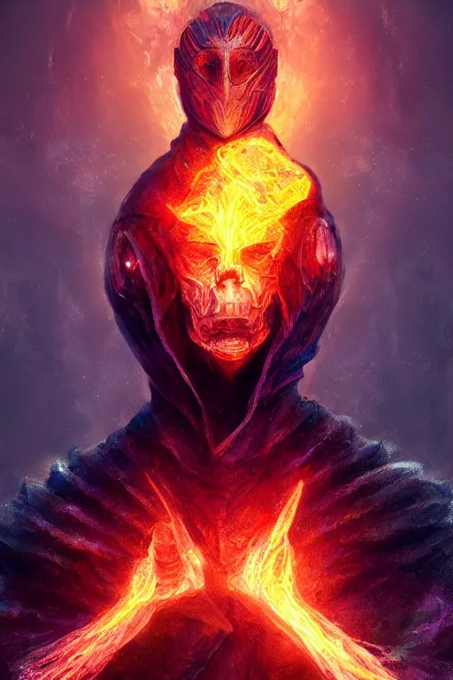 Image similar to holographic flame knight, digital art, electronic, trending on artstation, professional art by seb mckinnon, david romero, wlop, cinematic lighting, ultra detailed, fantasy, magic, hologram