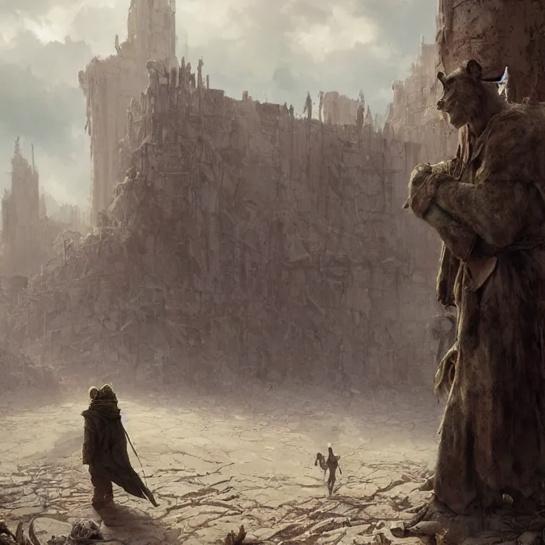 Image similar to shrek wearing a ragged cloak wandering a post apocalyptic desert wasteland with ruins of civilization, cinematic, digital art by greg rutkowski