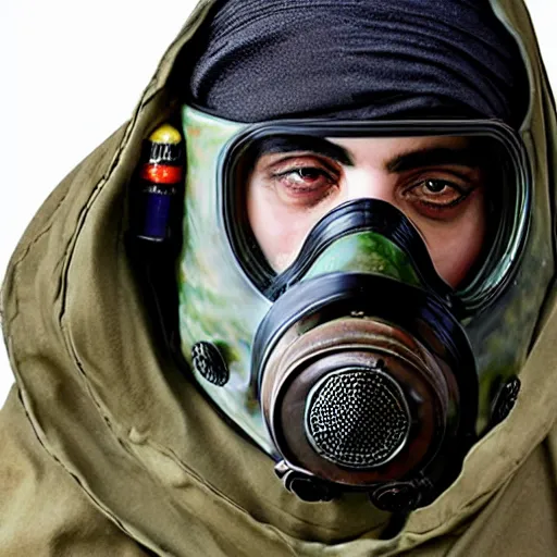 Prompt: detailed 6 0 0 mm realistic photography from ali khamenei wear gas mask