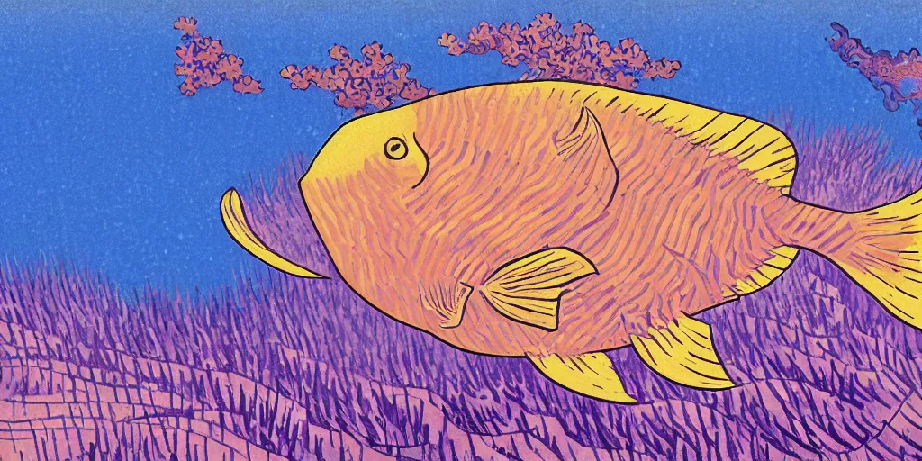 Image similar to A purple fish, swimming in a beautiful coral reef, Digital art, Concept art by Hokusai and Vincent Van Gogh