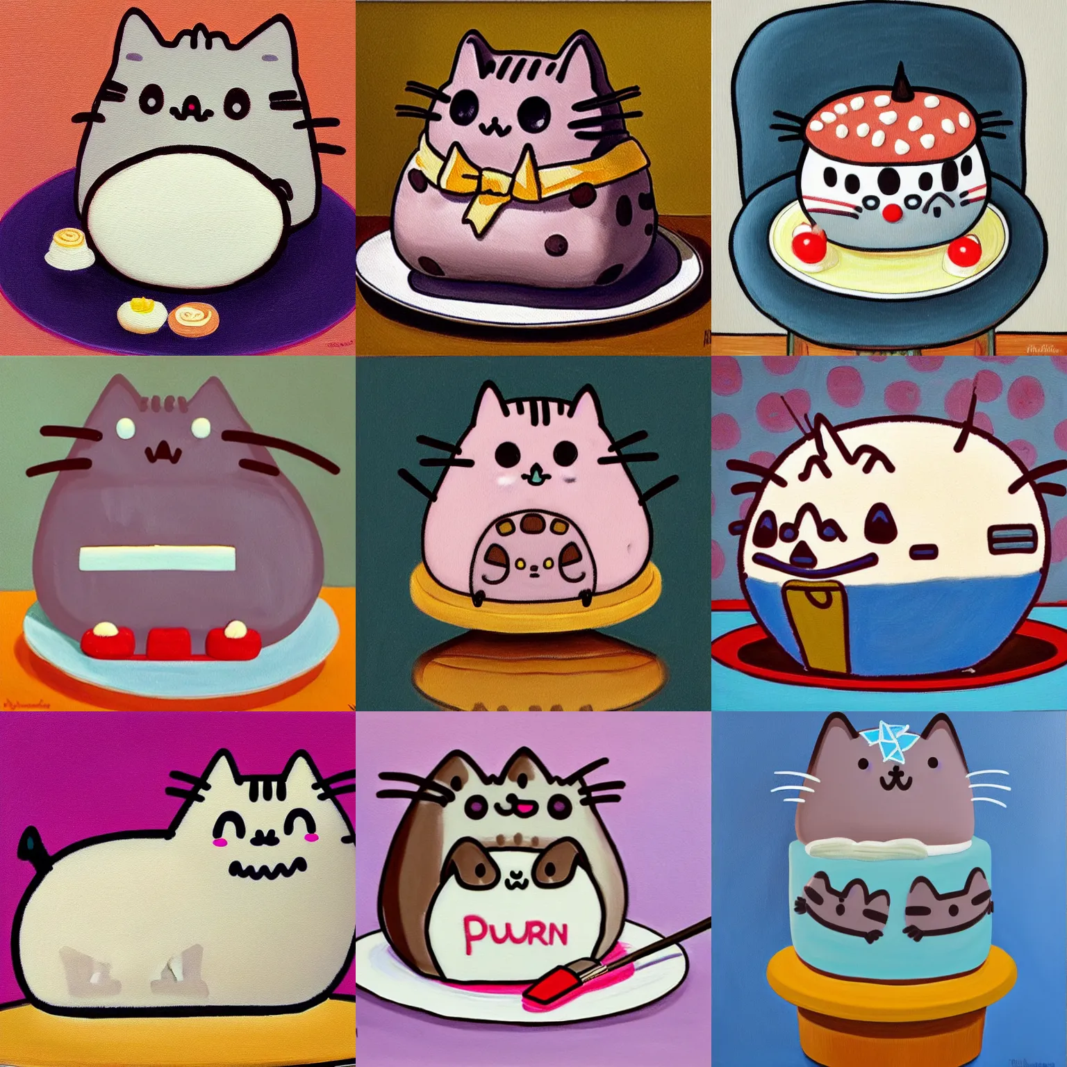 Prompt: A painting of a pusheen cake by Wayne Thiebaud