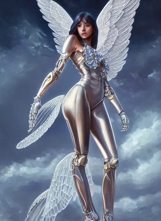 Image similar to full body photo of a gorgeous young mechanical angel woman with crystal wings in the style of stefan kostic, realistic, sharp focus, 8 k high definition, insanely detailed, intricate, elegant, art by stanley lau and artgerm