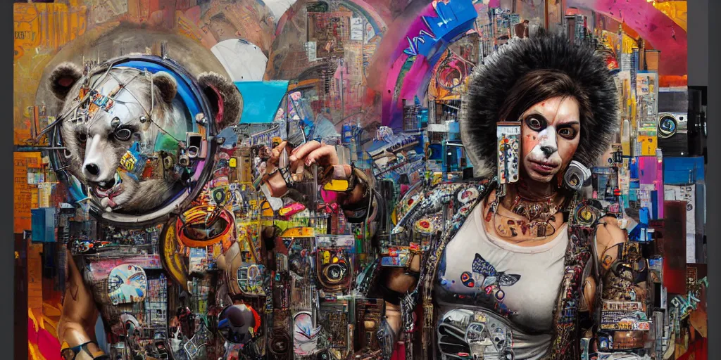 Prompt: a portrait of an anthropomorphic cyberpunk bear playing in a drum circle by sandra chevrier, by jon foster, detailed render, tape deck, epic composition, conga, bass drum, lots of cymbals, high hat, cybernetics, 4 k realistic, cryengine, realistic shaded lighting, sharp focus, masterpiece, by enki bilal