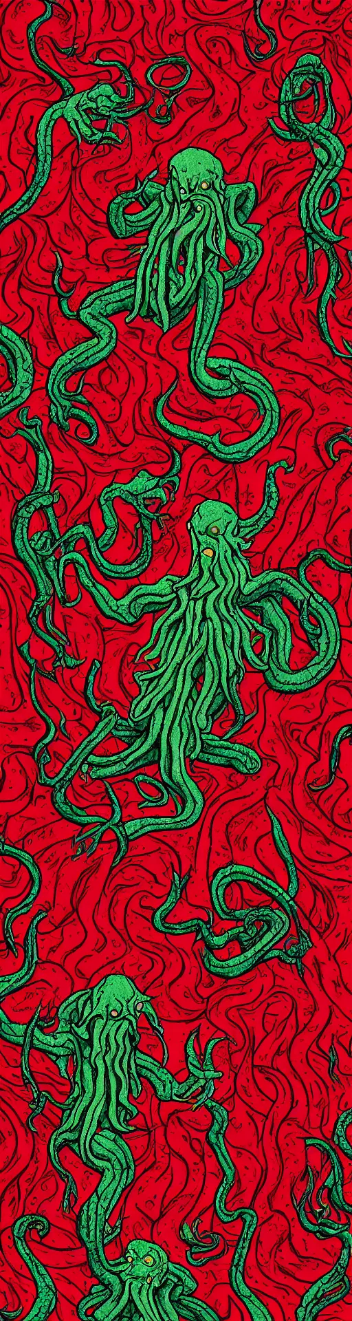 Image similar to Cthulhu lost inside the red room from Twin Peaks while David Lynch laughs in the background, fractal tile across the floor, Bob, mike judge art style, 90s mtv illustration