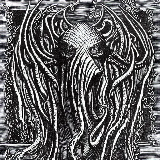 Image similar to a detailed woodcut of Cthulhu by Gustave Doré