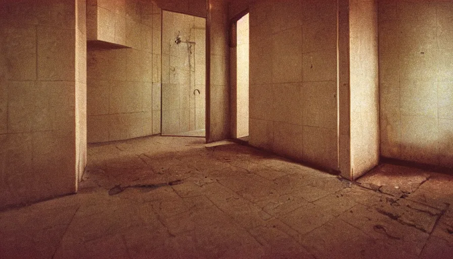 Prompt: 60s movie still of a sovietic stalinist style empty dark prison shower, cinestill 800t 50mm eastmancolor, liminal Space style, heavy grain-s 150