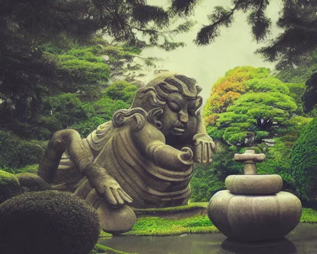 Image similar to strange weird pagan japanese garden with a gigantic statue fountain of an ancient god stretching its arms above the garden, digital art, oil painting, colorful, artstation, australian tonalism, minimalist, very clear, no blur, serene