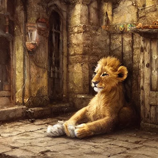 Prompt: adorable lion cub inside of a medieval fantasy pet store, oil painting, by greg rutkowski