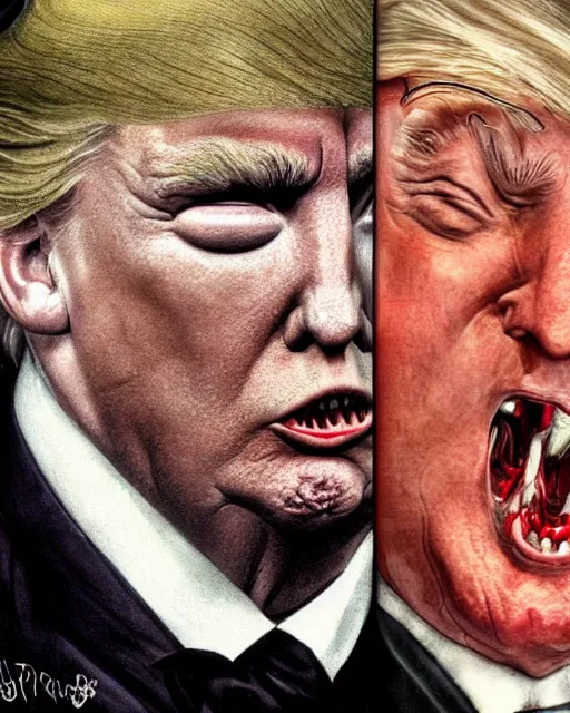 Image similar to donald trump as dracula with fangs out, character portrait, close up, concept art, intricate details, highly professionally detailed, hyperrealist, in the style of otto dix and h. r giger