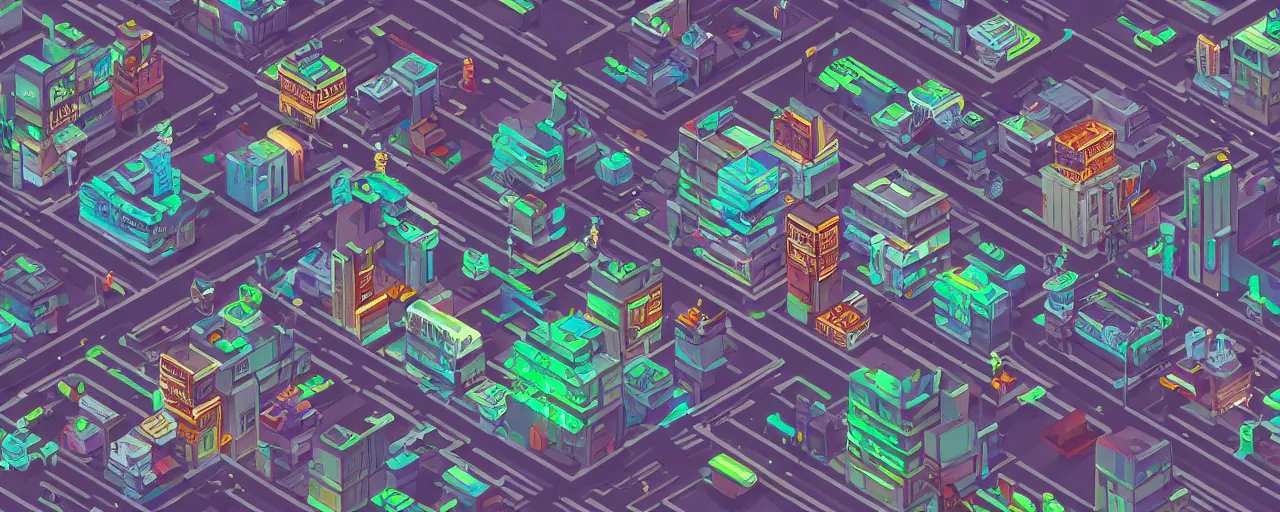 Prompt: cyberpunk isometric city scene