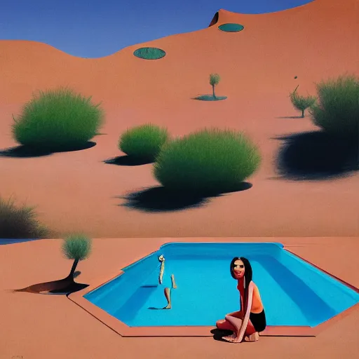 Image similar to A pool in the middle of desert, very coherent, painted by Edward Hopper, Wayne Barlowe, painted by James Gilleard, airbrush, art by JamesJean