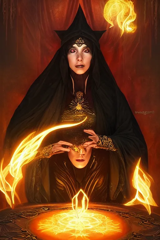 Prompt: a sorceress wearing a black robe with gold embroidery, sitting at table, casting a spell, glowing colored flames, painted by artgerm and tom bagshaw, in the style of magic the gathering, highly detailed digital art