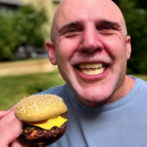 Image similar to a bald old man with no beard, eating a cheeseburger with extra cheese no lettuce and topped with cream