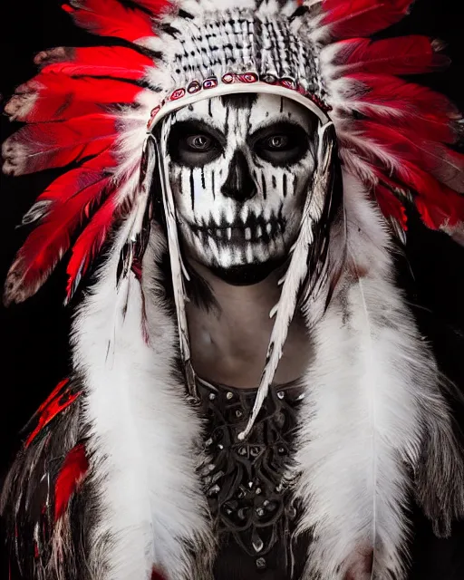 Image similar to the ghost - spirit of the grim - warpaint wears the scarlet skull armor and native blood headdress feathers, midnight fog - mist!, dark oil painting colors, realism, cinematic lighting, various refining methods, micro macro autofocus, ultra definition, award winning photo, photograph by jamie salmon