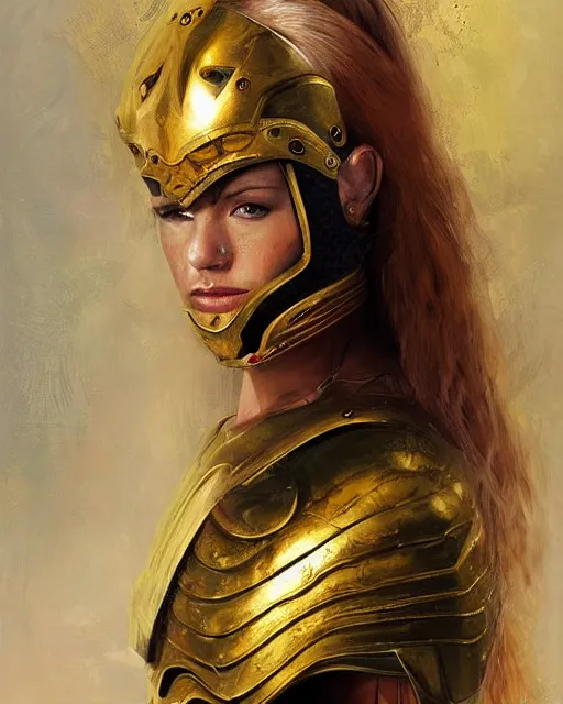 Image similar to beautiful female warrior, half body portrait, long flowing hair, heavy gold armour, realistic oil painting by Boris Valejo