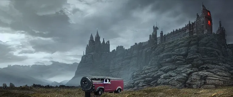 Image similar to Land Rover Defender 110 (1985), an epic fantasy, dramatic lighting, cinematic, establishing shot, extremely high detail, photorealistic, cinematic lighting, artstation, by simon stalenhag, The Elder Scrolls V: Skyrim, Whiterun Hold, Burning wooden nordic Dragonsreach castle in the distance, Battle for Whiterun city, Stormcloaks vs Imperials, Swarms of Stormcloaks and Imperials fighting eachother, Intense fighting, Whiterun city burning, Skyrim Civil War, High casualties, blood and dead soldiers, aftermath of a huge battle, corpses and bodies all over the place