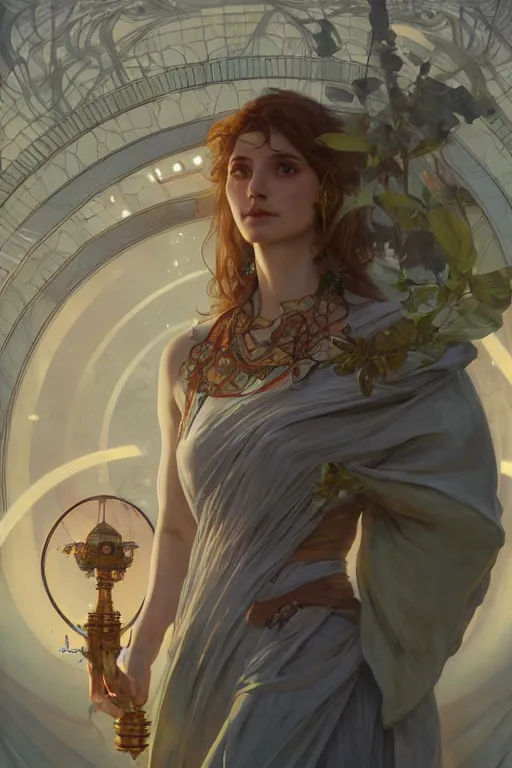 Image similar to goddess of science and engineering, only two hands, highly detailed, digital painting, artstation, concept art, smooth, sharp focus, illustration, unreal engine 5, 8 k, art by artgerm and greg rutkowski and edgar maxence and alphonse mucha