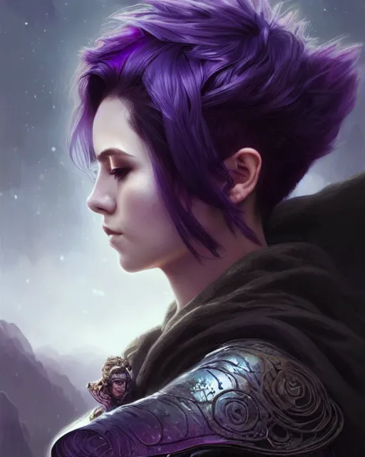 Image similar to side portrait rugged girl, adventurer outfit large cloak, fantasy forest landscape, dragon scales, fantasy magic, undercut hairstyle, short purple black fade hair, dark light night, intricate, elegant, sharp focus, illustration, highly detailed, digital painting, concept art, matte, art by WLOP and Artgerm and Greg Rutkowski and Alphonse Mucha, masterpiece