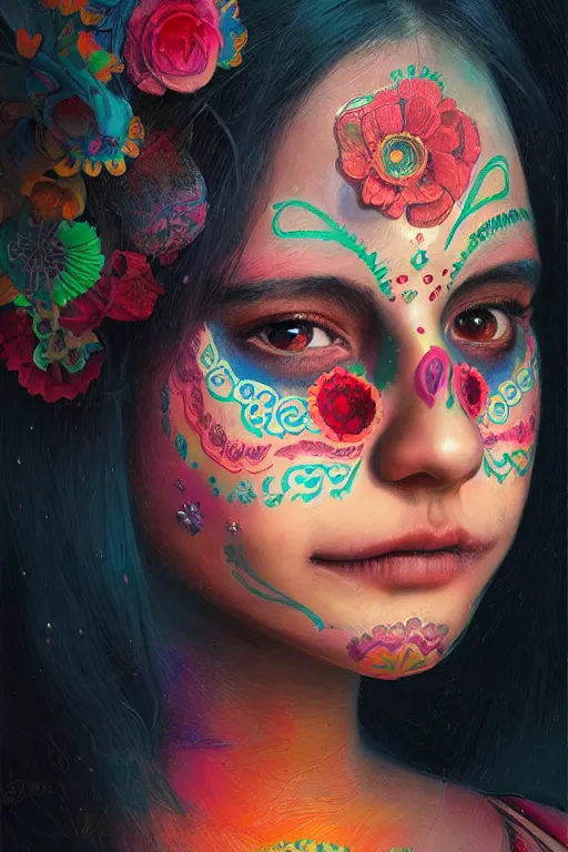 Image similar to portrait of mexican girl girl with colorful day of the dead patterns, staring directly into camera, intricate, elegant, glowing lights, highly detailed, digital painting, artstation, sharp focus, illustration, art by wlop, mars ravelo and greg rutkowski