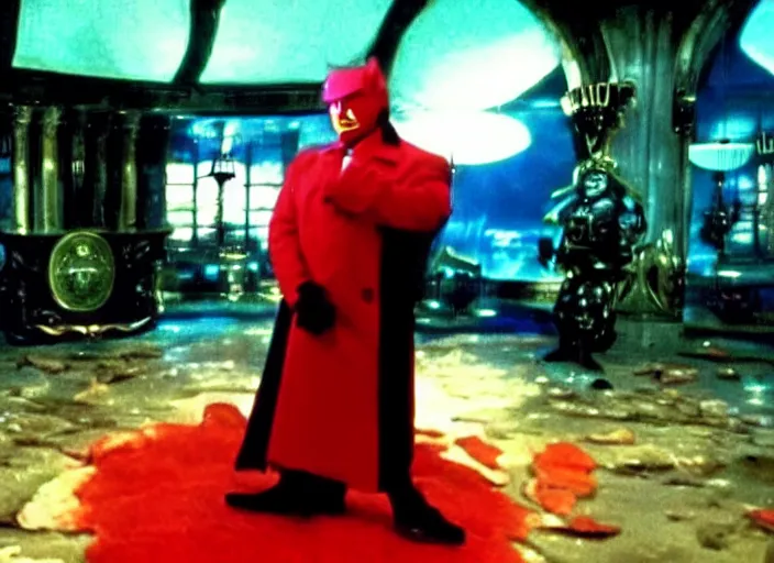 Prompt: screenshot from moody colorful scene of Donald Trump in a lair, scene from the film Batman and Robin 1997 film directed by Joel Schumacher, kodak film stock, anamorphic lens, 4K, crazy set design, wild lighting design, detail, stunning cinematography