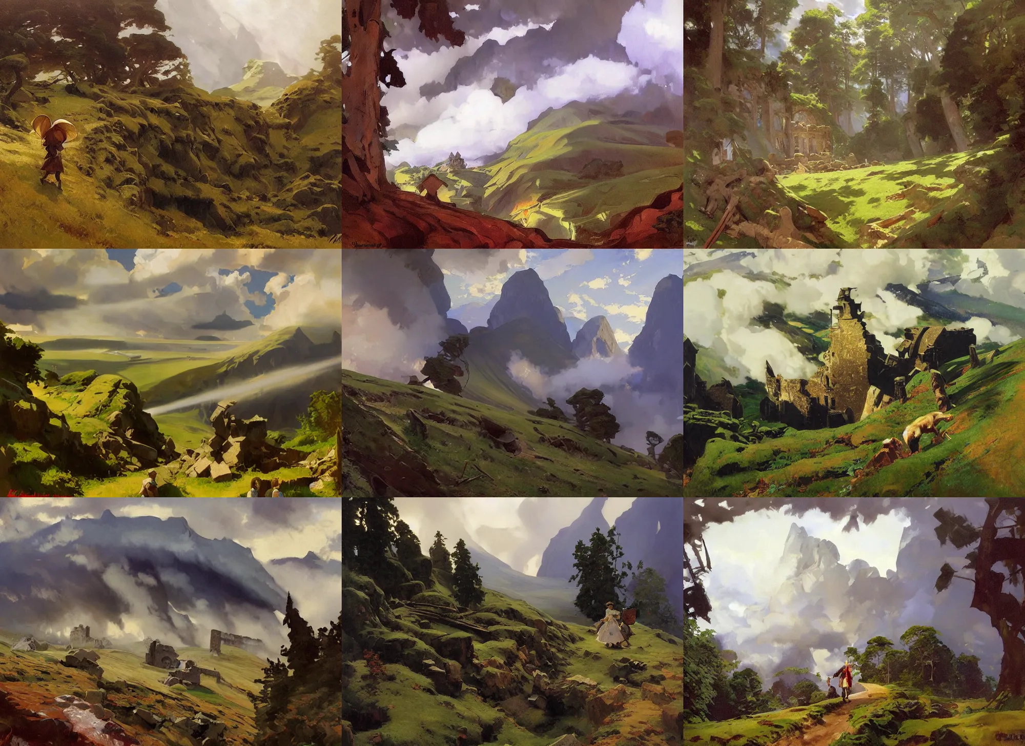 Prompt: painting by sargent and leyendecker and greg hildebrandt savrasov levitan polenov, studio ghibly style mononoke, huge old ruins, middle earth above the layered low clouds road between forests trees faroe azores overcast storm masterpiece