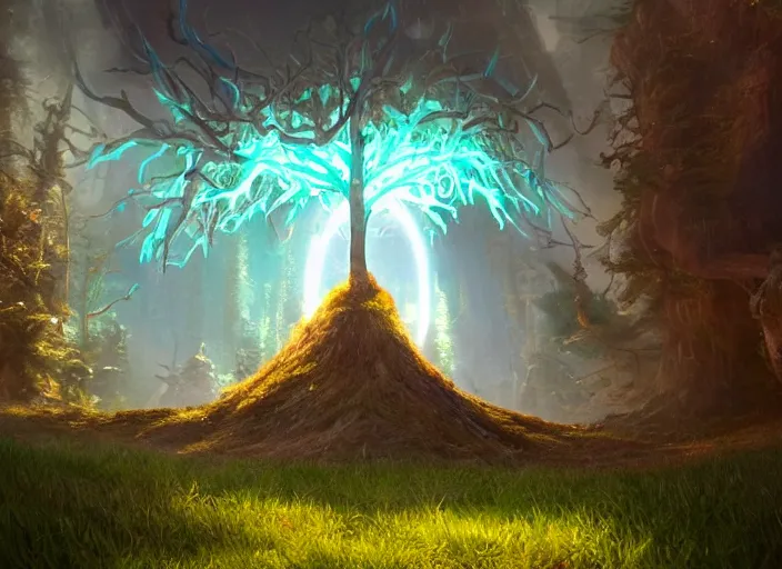 Image similar to portal tree on a luminescent crystal biome that looks like a movie shot by pixar, ultra detailed, fantasy, hyper realism, art, smooth, beautiful art, masterpiece, landscape, cinematic, wet reflections, ray tracing x, rtx, smooth