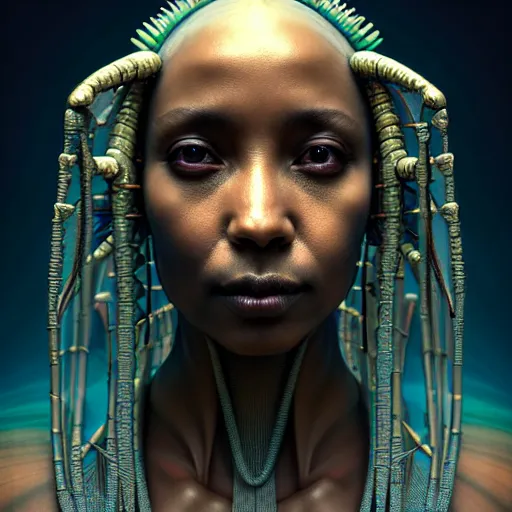 Prompt: a beautiful surreal illustration of haiti futuristic scifi shaman, highly detailed, liquid oilpaint, doug chiang, gustave dore, leonardo da vinci, trending on artstation, industry, lucid and intricate, rectilinear, digital art, octane, redshift, vray, 8 k, 6 4 megapixels, zbrush central, behance hd, hypermaximalist, well rendered