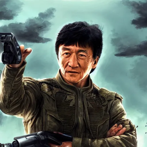 Prompt: Jackie Chan appears on the battlefield at the climax of the finno-korean hyperwar, by artgerm and wlop and scott fischer and seb mckinnon, digital art, highly detailed, wide shot, intricate, fantasy, mystical, sharp focus, Trending on Artstation HQ, deviantart, unreal engine 5, 4K UHD image