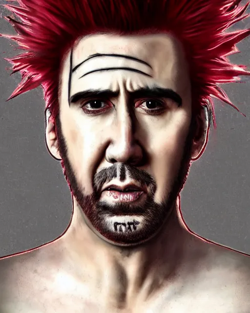 Image similar to nicolas cage with a short red dyed mohawk, red eyes and a slim face, gauged ears, dressed in crustpunk clothing, headshot, attractive, handsome, in color, no makeup, model, trending on artstation, high quality art, character design, realism