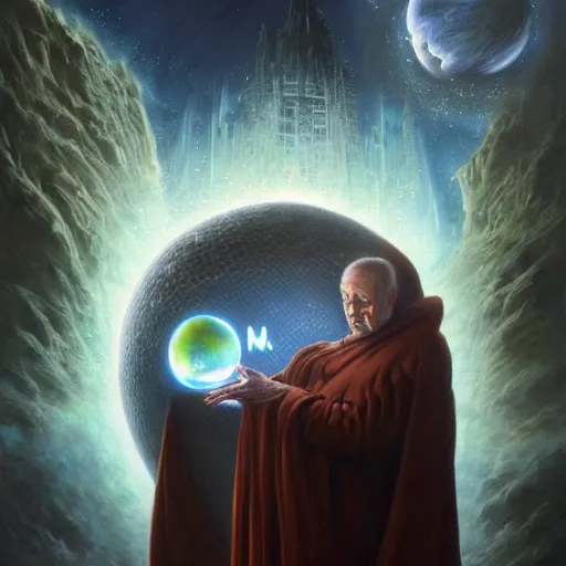 Image similar to the creator of worlds wearing a cloak and holding a holographic planet projection in his hand, detailed, sci - fi, digital painting, artstation, sharp focus, illustration, ominous, artgerm, tomasz alen kopera, peter mohrbacher, donato giancola, joseph christian leyendecker, wlop, frank frazetta