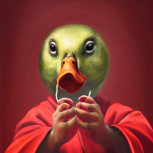 Image similar to portrait of cute mallard duck, wearing cultist red robe, noose around neck, doing witchcraft, expressive oil painting, digital art, octane render