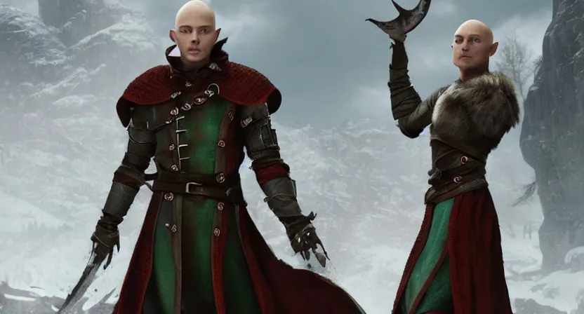 Prompt: promotional image of dane dehaan as a bald elf in dragon age : inquisition, hyperrealistic, detailed face, movie still, promotional image, imax 7 0 mm footage