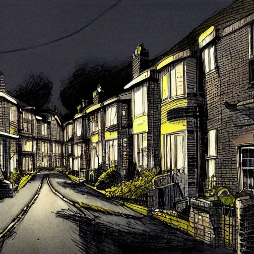 Image similar to suburban street in the uk, at night, by kim jung gi