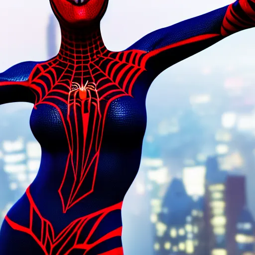 Image similar to photo of a beautiful amazing Spiderwoman, highly detailed, 4k, HDR, smooth, sharp focus, hyper realistic, high resolution, photo-realistic