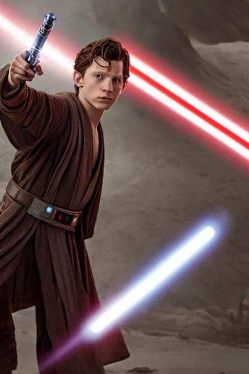 Prompt: tom holland as a jedi in a new star wars film, 3 5 mm photography, highly detailed, cinematic lighting, standing pose, holding lightsaber 4 k