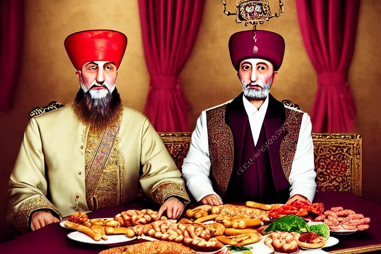 Image similar to Ottoman Sultan Mehmet IV sitting by a table full of delicious hot dogs, wearing big ovular turban and a luxurious Ottoman coat, mid-shot, cold lighting, photography from Vogue Magazine, neat, precise, realistic, detailed facial features, expressive, photorealistic, hyperrealism, micro details, HDR Shot, in the style of Martin Schoeller