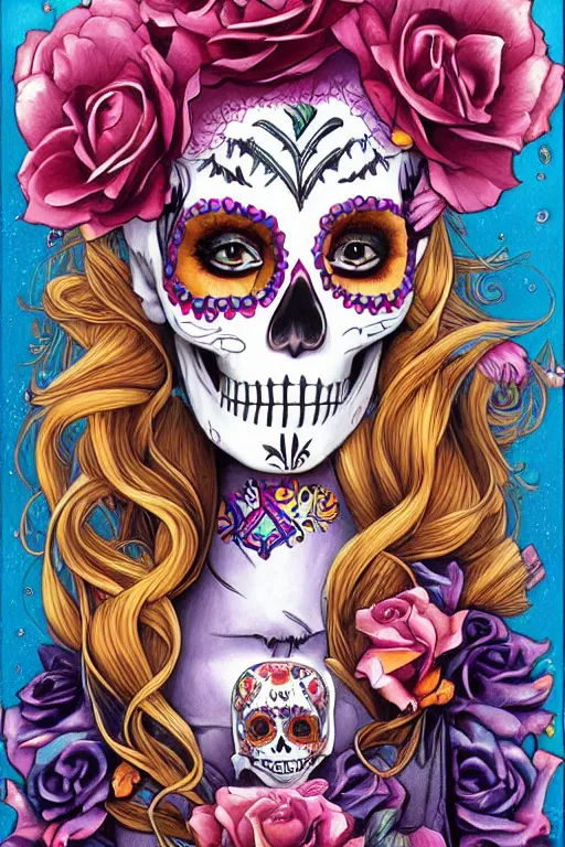 Image similar to illustration of a sugar skull day of the dead girl, art by jesper ejsing