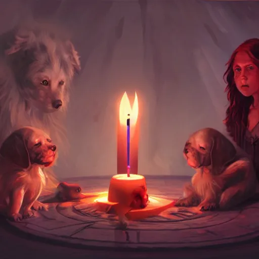 Image similar to acolytes using demonic candle lit summoning circle to summon a puppy by magali villeneuve and by wlop