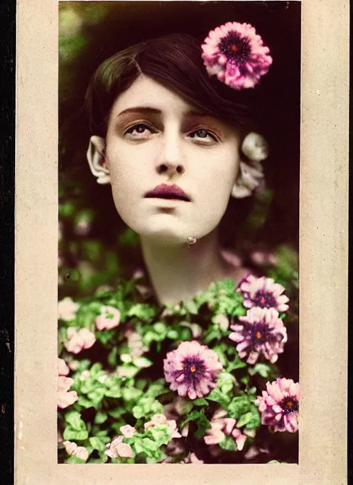 Image similar to portrait photograph of a very beautiful!!! modern female model. symetric face. in a garden. flowers. autochrome Louis Lumières. round detailed eyes!!!!. bokeh