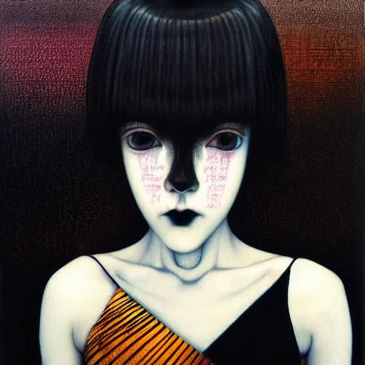 Image similar to yoshitaka amano blurred and dreamy realistic three quarter angle portrait of a young woman with black lipstick and black eyes wearing dress suit with tie, junji ito abstract patterns in the background, satoshi kon anime, noisy film grain effect, highly detailed, renaissance oil painting, weird portrait angle, blurred lost edges