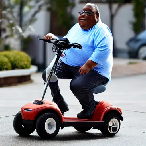 Image similar to a morbidly obese pug riding a mobility scooter, high resolution photo